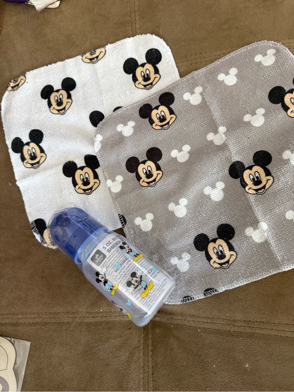 Disney Mickey Mouse Bibs & Bottle Set - Gray, White, Black, Cream